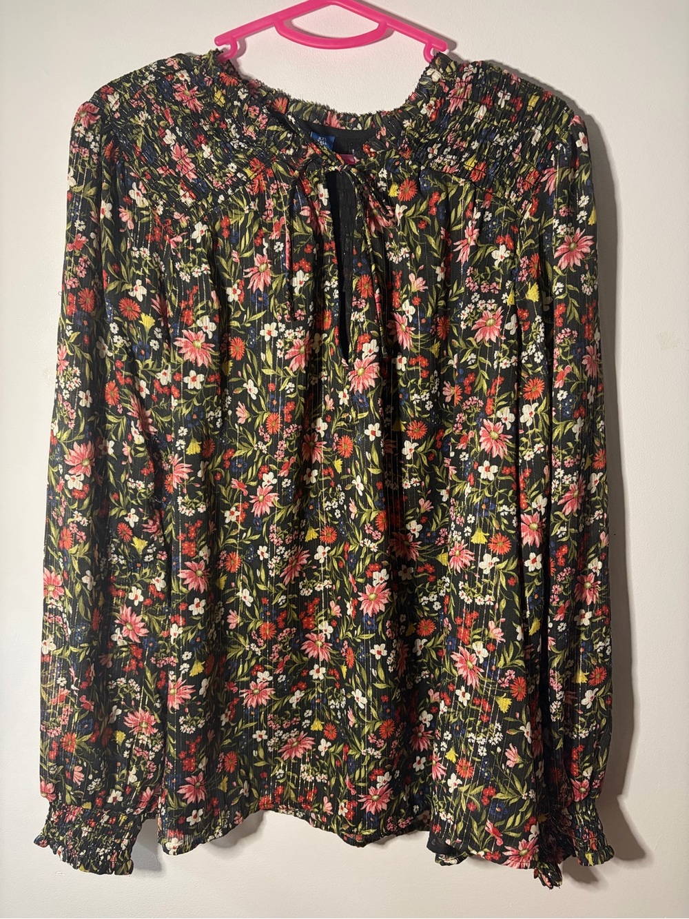 Old Navy Black Floral Smocked floral top with  Flowers and gold thread